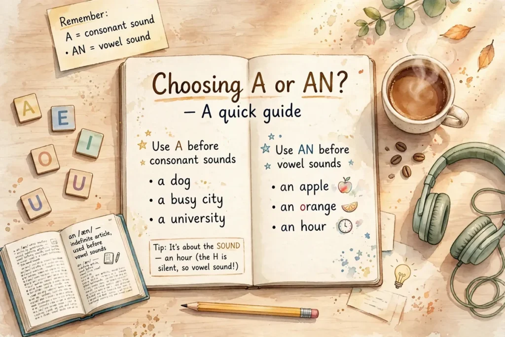 Study desk illustration with notebook and letter tiles for learning a or an grammar