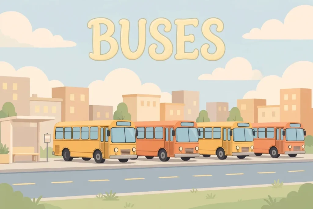 Flat vector illustration of colorful city buses lined up at a bus stop with the word BUSES in the sky