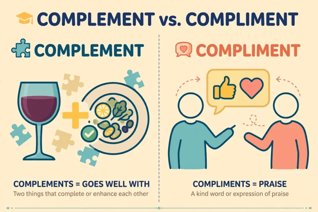 Educational illustration comparing complement (things that go well together, shown with puzzle pieces, wine and a meal) versus compliment (praise, shown with speech bubbles, thumbs-up and heart)