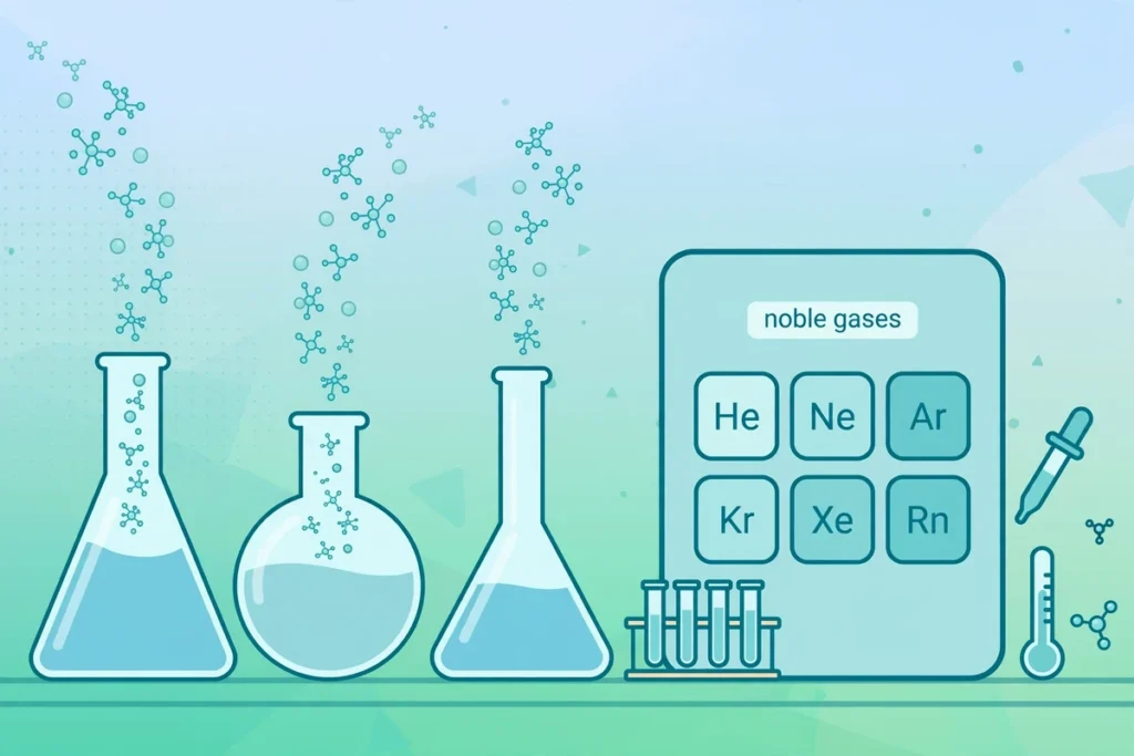 Chemistry lab illustration with molecular gas bubbles in glass flasks