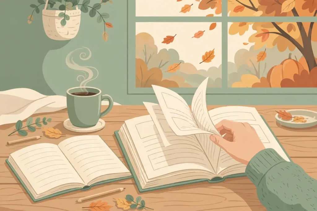 Illustration of a person leafing through a book at a cozy desk while autumn leaves fall outside the window