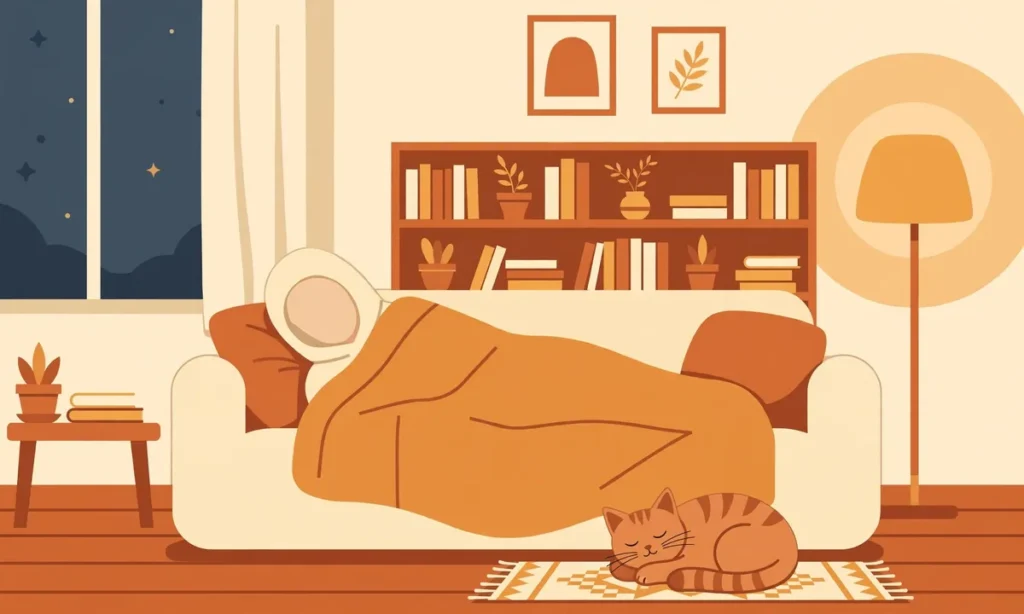 Flat illustration of a person resting on a sofa representing the word lying