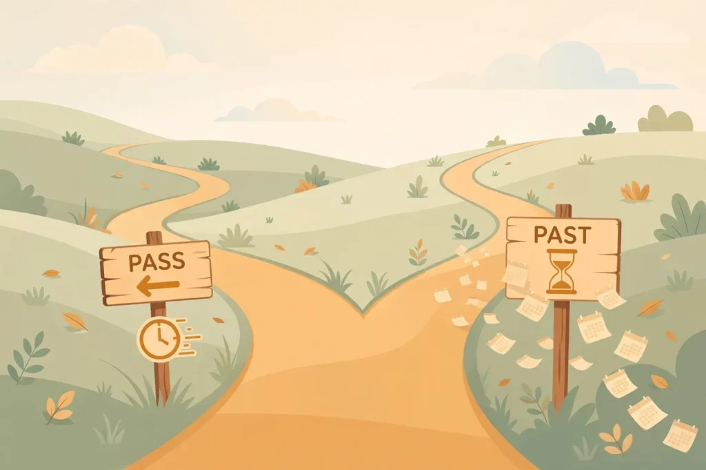 Illustration of a road splitting toward PASS and PAST signposts showing the difference between pass and past
