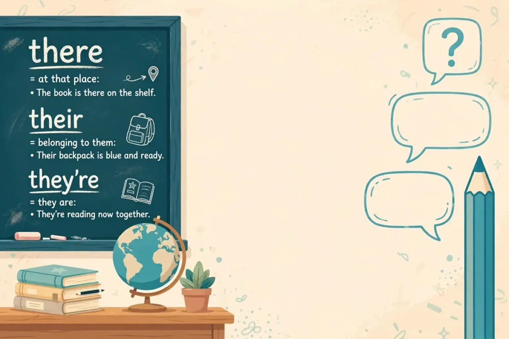 Classroom chalkboard illustration showing there, their, and they're with example phrases