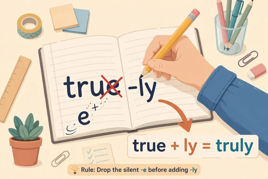 Educational illustration of the word true dropping its silent e as the ly suffix is added to form the adverb truly