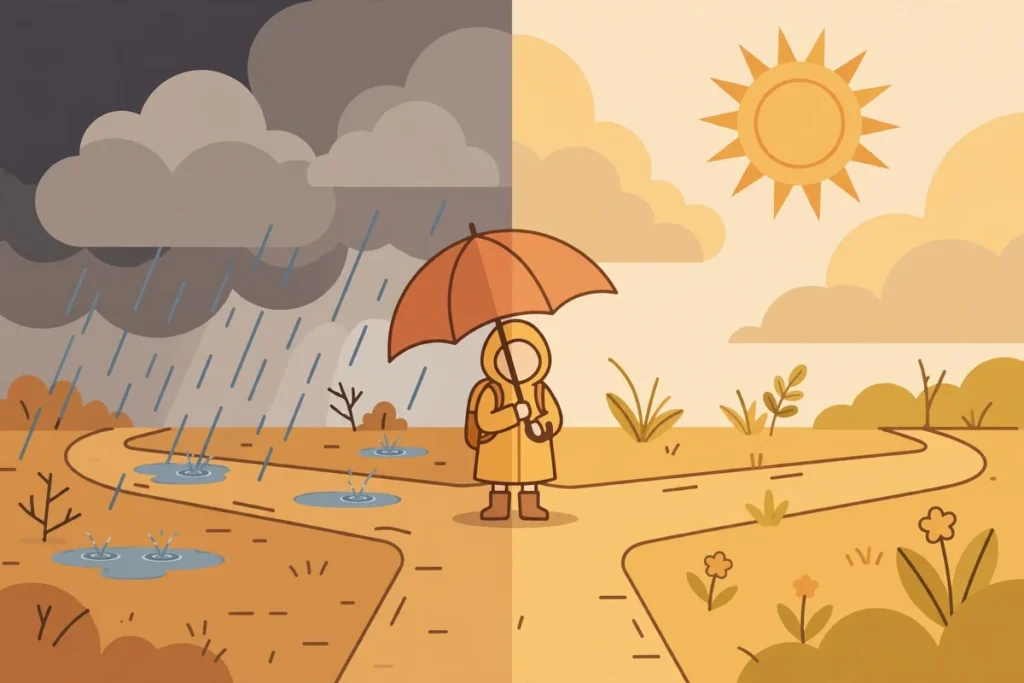 Illustration of a traveler at a crossroads choosing between stormy weather and sunshine, symbolizing the weather vs whether grammar choice