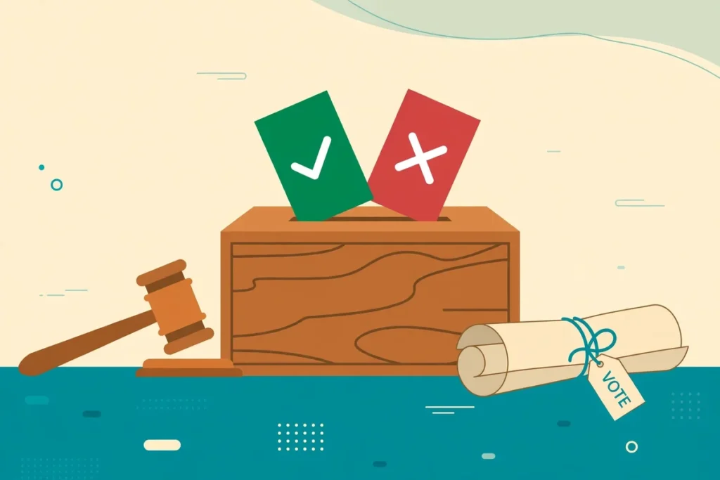 Illustration of a ballot box with yes and no vote slips for yay or nay voting