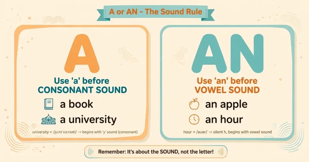 Infographic card explaining when to use a vs an in English grammar with example words