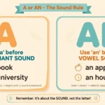 Infographic card explaining when to use a vs an in English grammar with example words