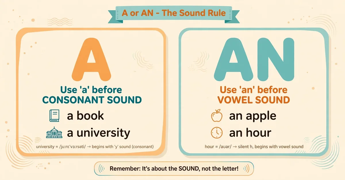 Infographic card explaining when to use a vs an in English grammar with example words