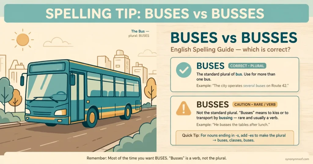 Infographic comparing the spellings BUSES vs BUSSES with example cards showing buses as the correct plural of bus
