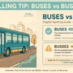 Infographic comparing the spellings BUSES vs BUSSES with example cards showing buses as the correct plural of bus