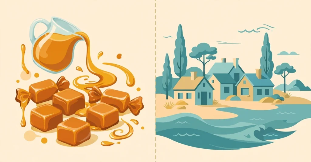 Carmel or caramel comparison illustration showing caramel sweets and sauce beside a coastal town