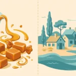 Carmel or caramel comparison illustration showing caramel sweets and sauce beside a coastal town