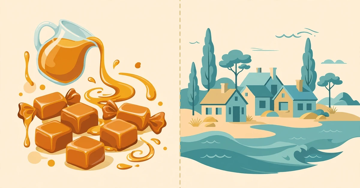 Carmel or caramel comparison illustration showing caramel sweets and sauce beside a coastal town
