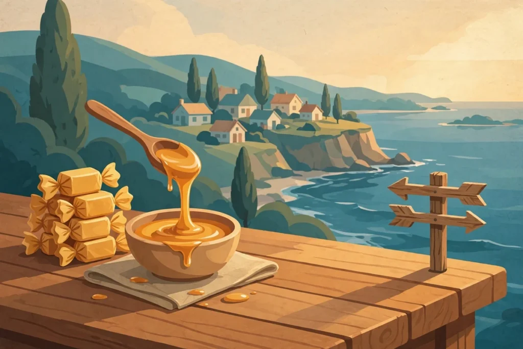 Wooden table with caramel candies and dripping caramel sauce set against a coastal Carmel town backdrop
