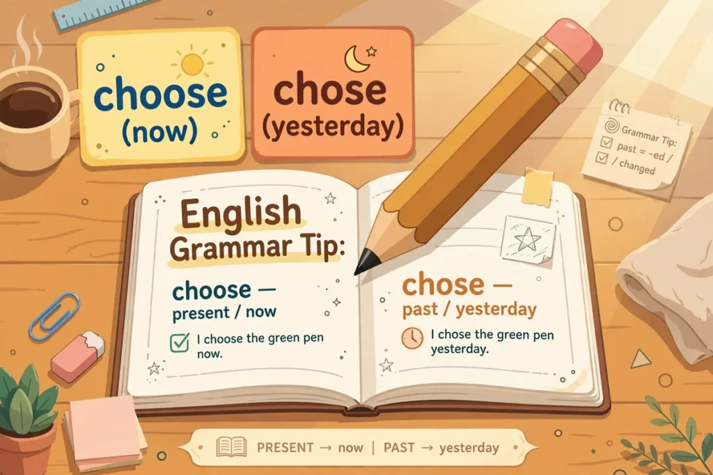 Educational illustration showing the difference between choose (present tense) and chose (past tense) on a study desk with notebook and pencil