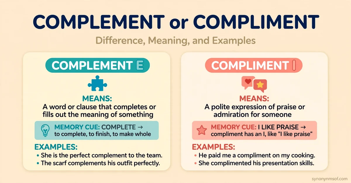 Complement or Compliment: Difference, Meaning, and Examples