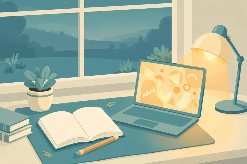 Cozy writer's desk with notebook and laptop for learning English spelling