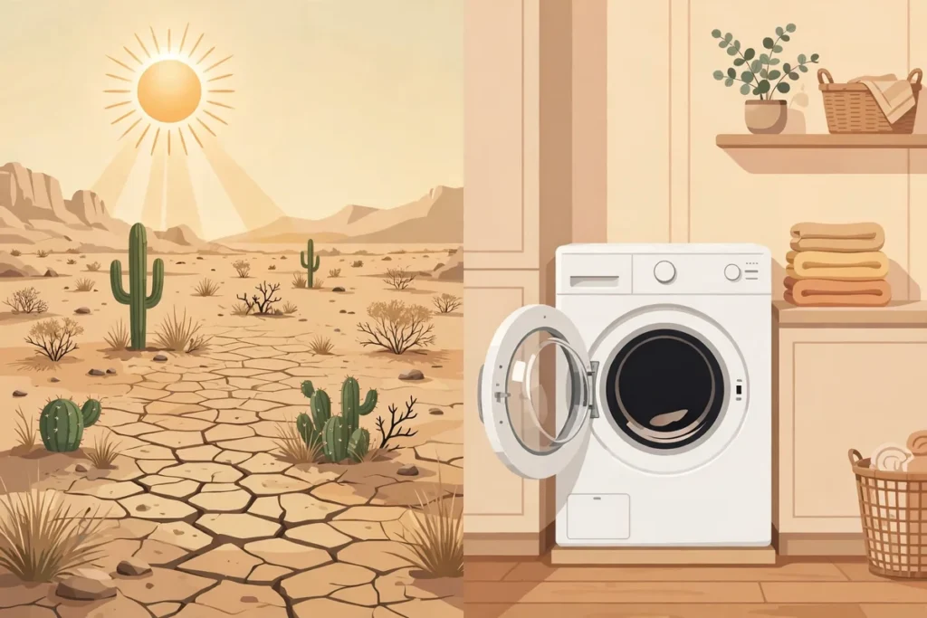 Drier vs dryer illustration showing desert dryness and a clothes dryer