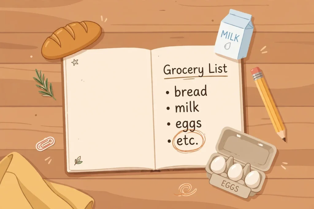 Etc. abbreviation usage illustration with grocery list