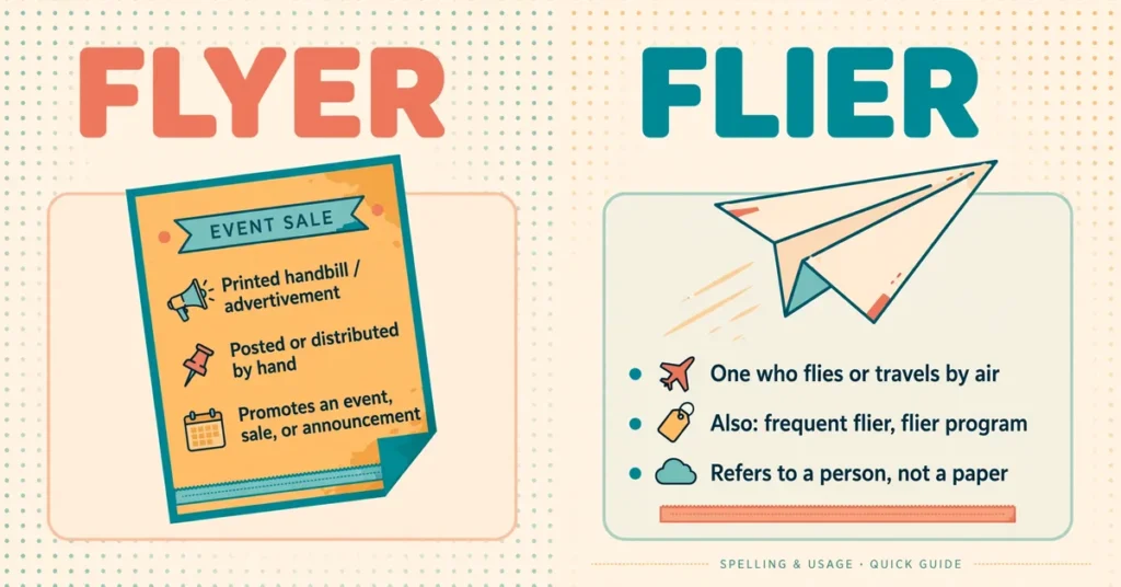 Flyer or flier spelling comparison — paper advertisement leaflet versus a person who flies, educational infographic card