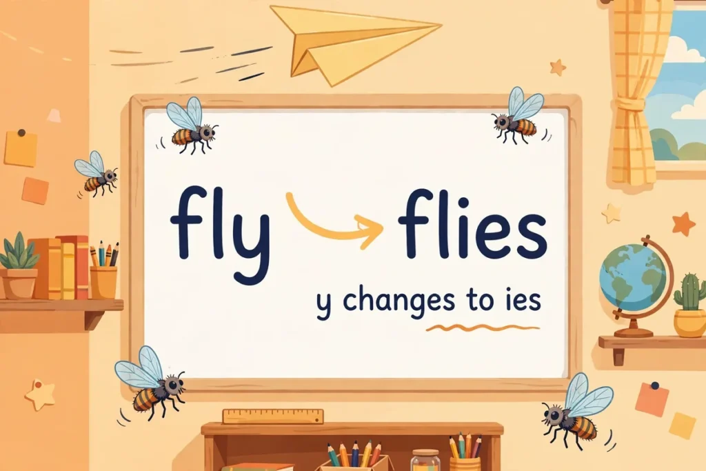 Flies spelling rule illustration with classroom whiteboard