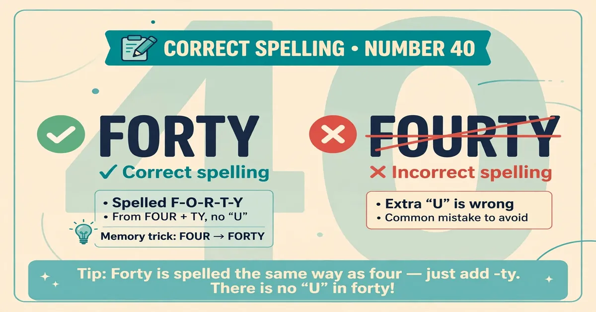 Infographic showing the correct spelling "forty" for the number 40 with a green checkmark, and "fourty" crossed out with a red X