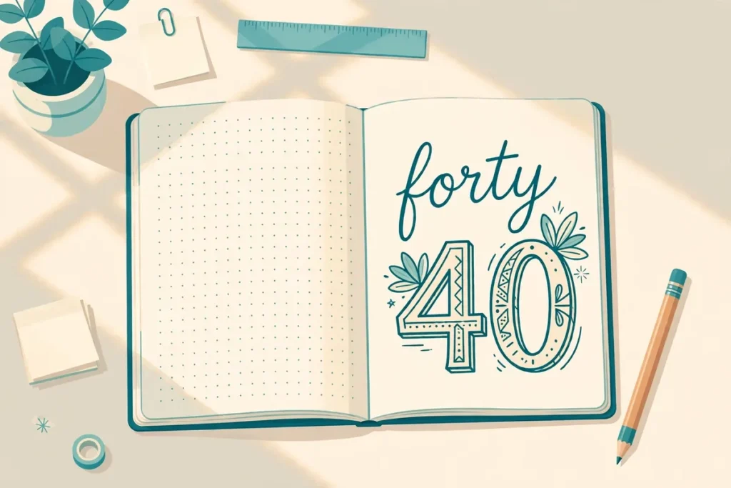 Notebook on a desk showing the word "forty" written correctly next to the number 40