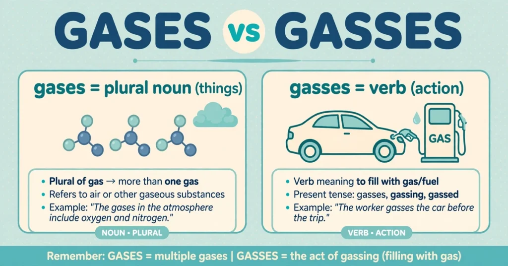 Infographic comparing gases as plural noun and gasses as verb with illustrated panels