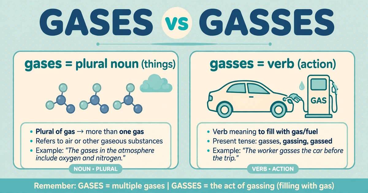 Infographic comparing gases as plural noun and gasses as verb with illustrated panels