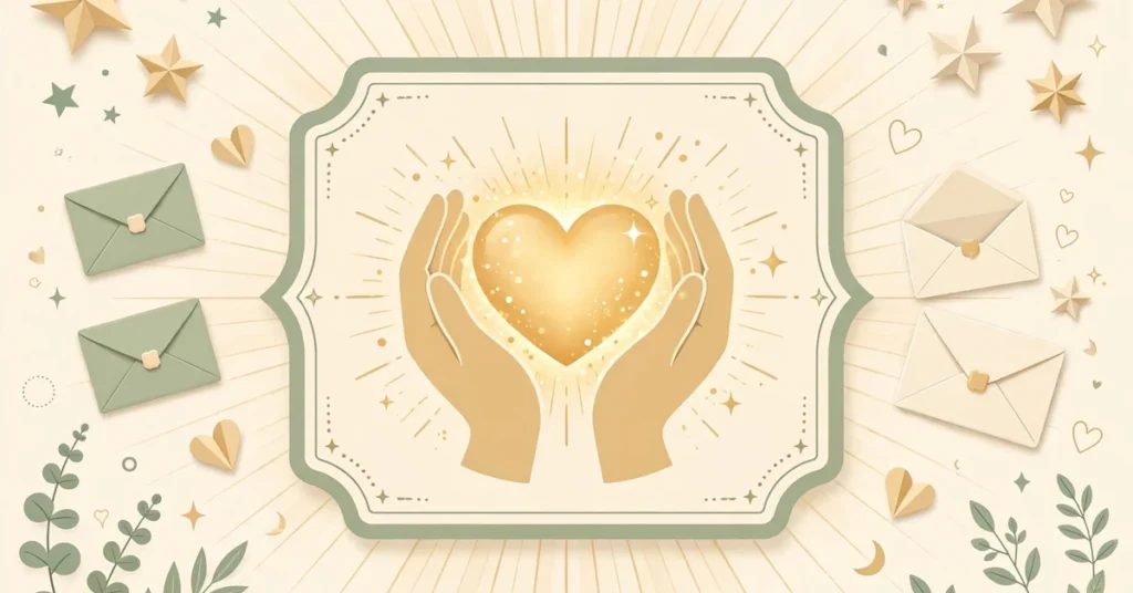 Infographic illustration of gratitude with hands holding a glowing heart, envelopes and stars — greatful or grateful spelling guide