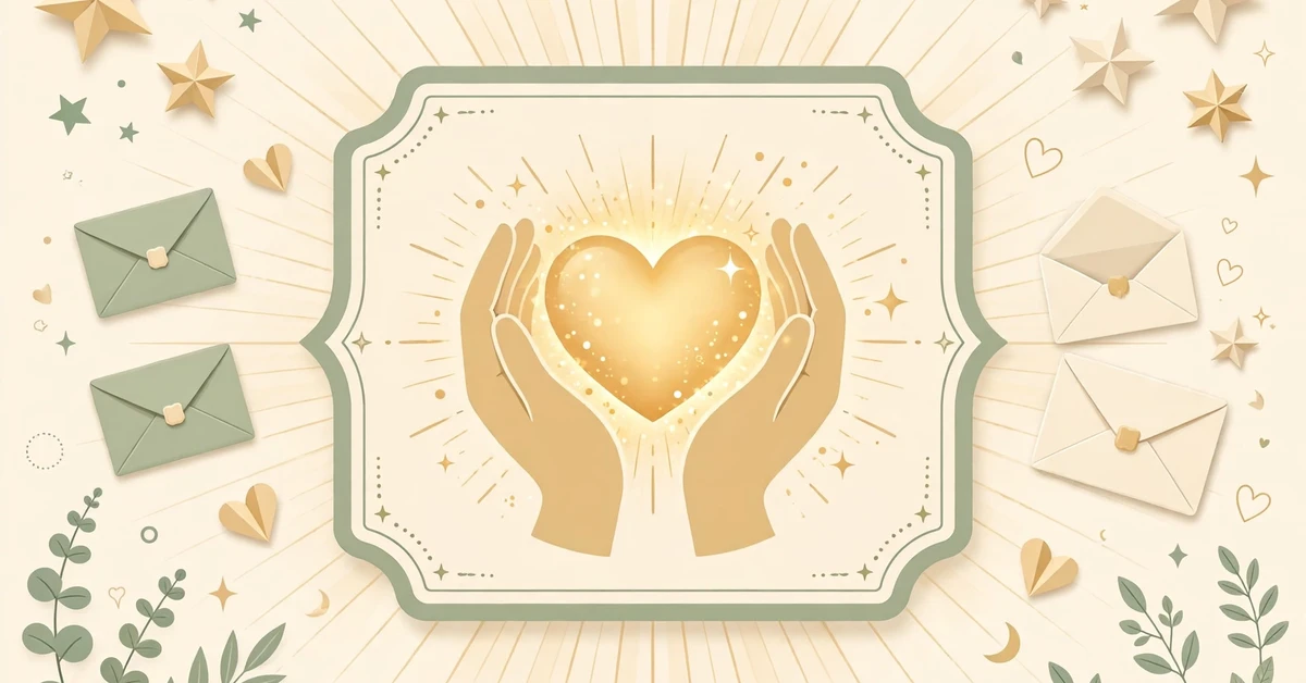 Infographic illustration of gratitude with hands holding a glowing heart, envelopes and stars — greatful or grateful spelling guide