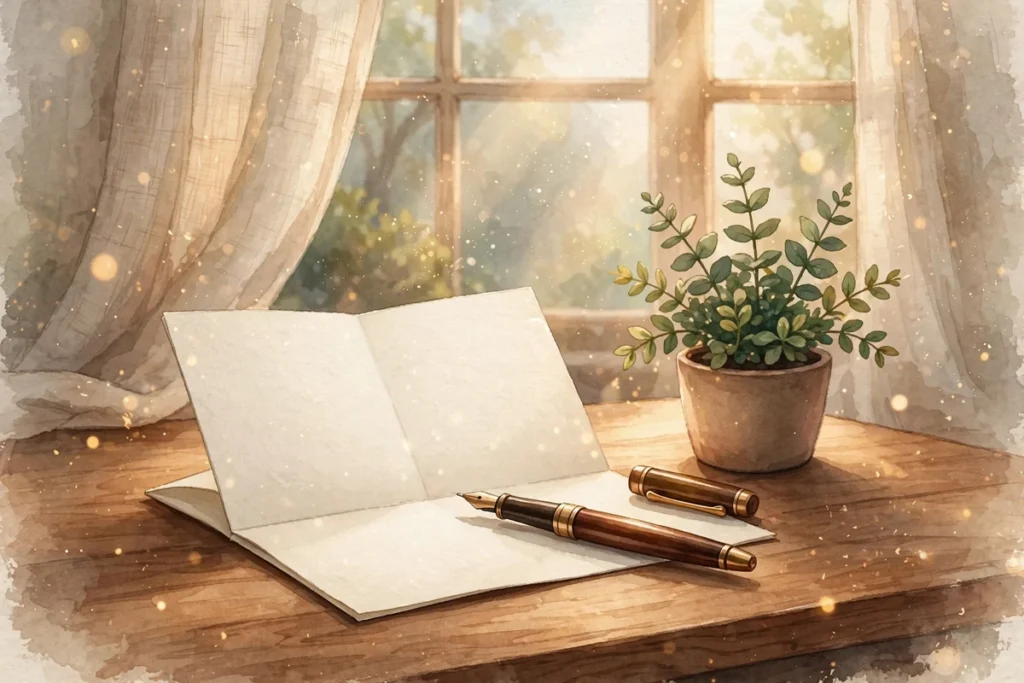 Blank thank-you card with fountain pen and potted plant by a sunny window — grateful usage examples scene