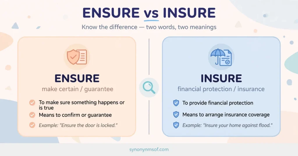 Infographic comparing the meanings of ensure (make certain) and insure (financial protection)