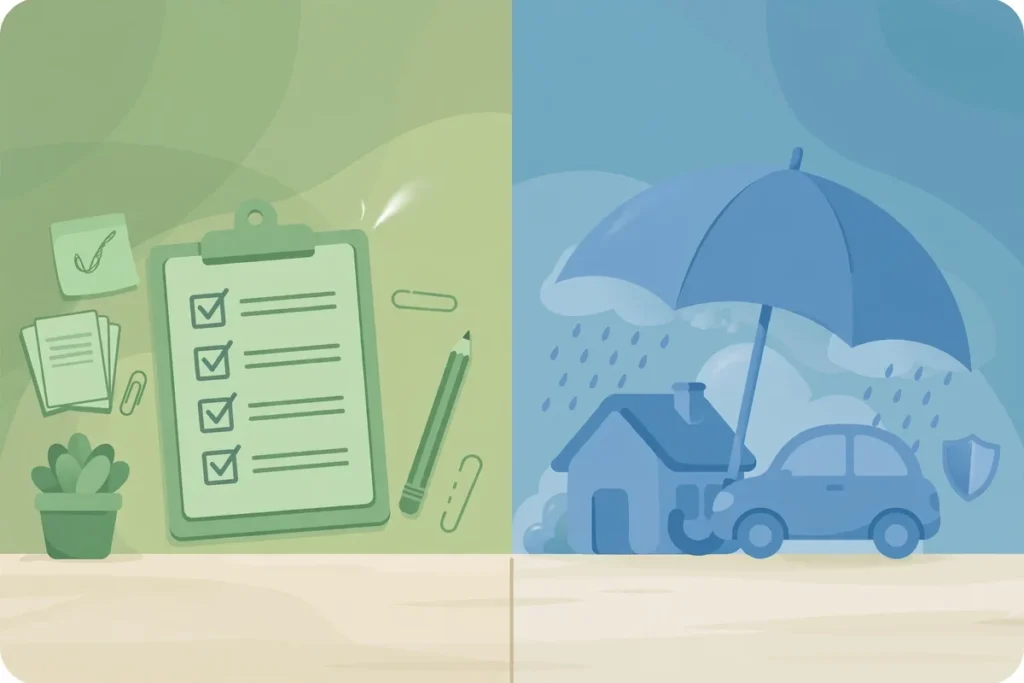 Illustration of checking a list to ensure a task is done, and an umbrella protecting a house and car to insure them