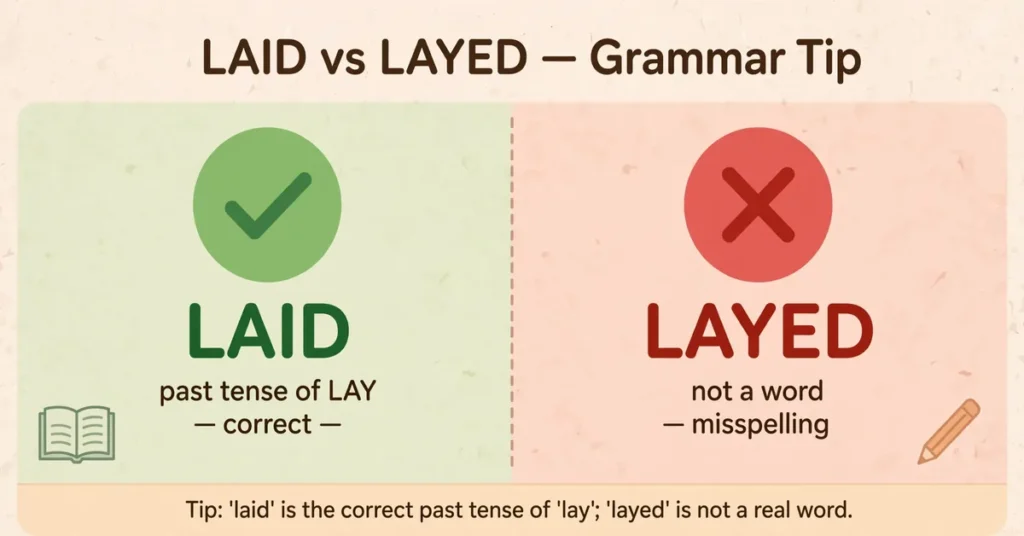 Grammar tip card showing LAID with a green checkmark as the correct past tense of lay, and LAYED with a red X as a misspelling