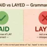 Grammar tip card showing LAID with a green checkmark as the correct past tense of lay, and LAYED with a red X as a misspelling