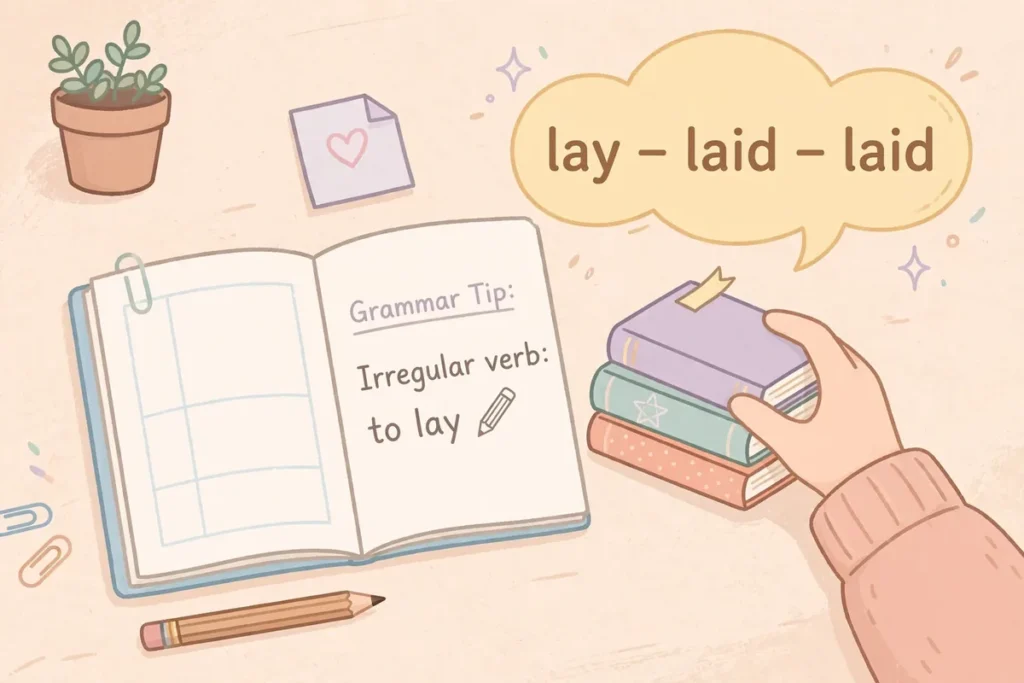 Desk illustration with the verb conjugation lay - laid - laid for learning the correct spelling