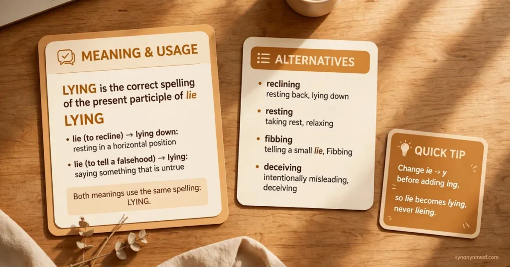 Lieing or lying spelling guide infographic showing the correct spelling of lying with meaning and usage cards