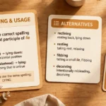 Lieing or lying spelling guide infographic showing the correct spelling of lying with meaning and usage cards
