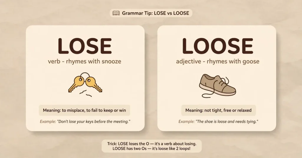Lose vs loose infographic card explaining the meaning, difference, and usage of lose and loose with examples