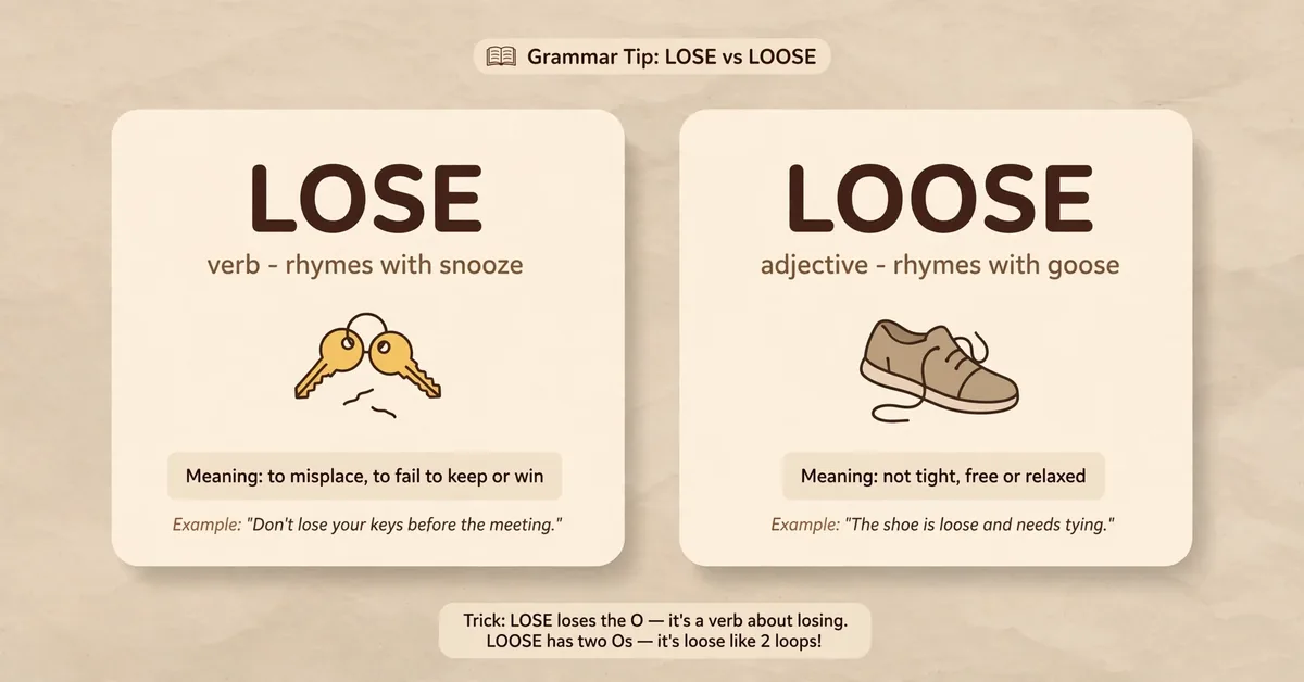 Lose vs loose infographic card explaining the meaning, difference, and usage of lose and loose with examples
