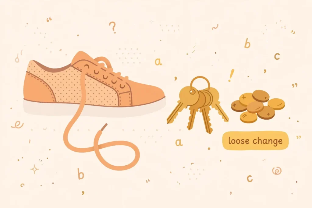 Illustration of a loose untied shoelace next to lost keys and loose change showing lose vs loose examples