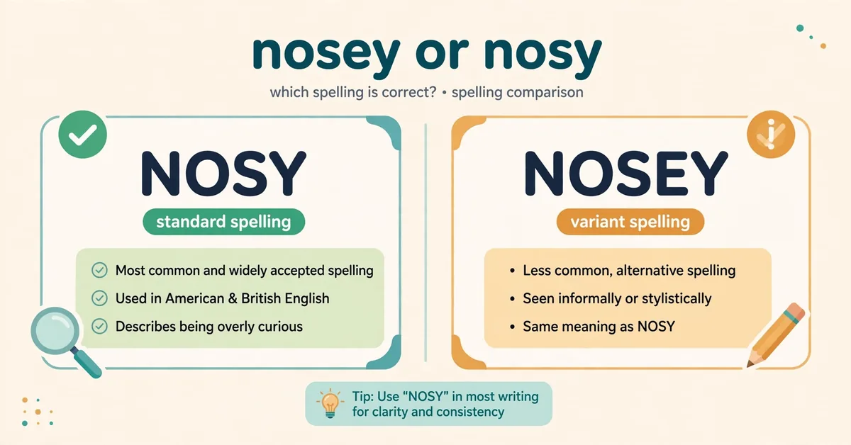 Infographic comparing the spellings nosy and nosey, showing nosy as the standard spelling and nosey as the variant spelling