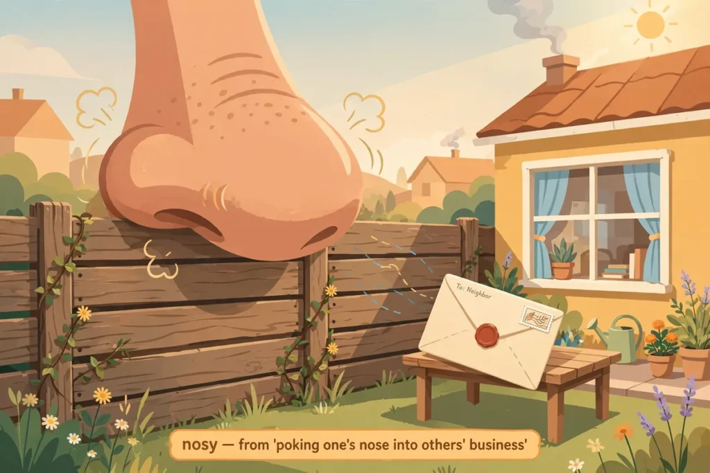 Cartoon illustration of a giant nose peeking over a fence, showing the origin of nosy from poking one's nose into others' business
