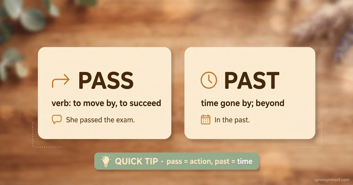 Pass or past meaning and usage examples infographic comparing the two words