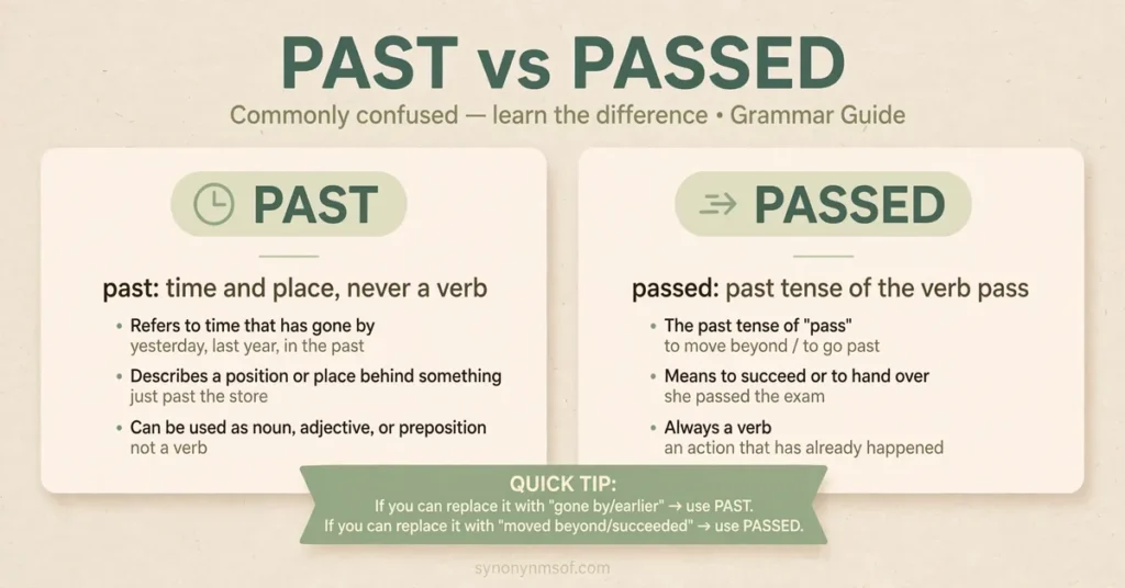 Past or passed: meaning and usage infographic card