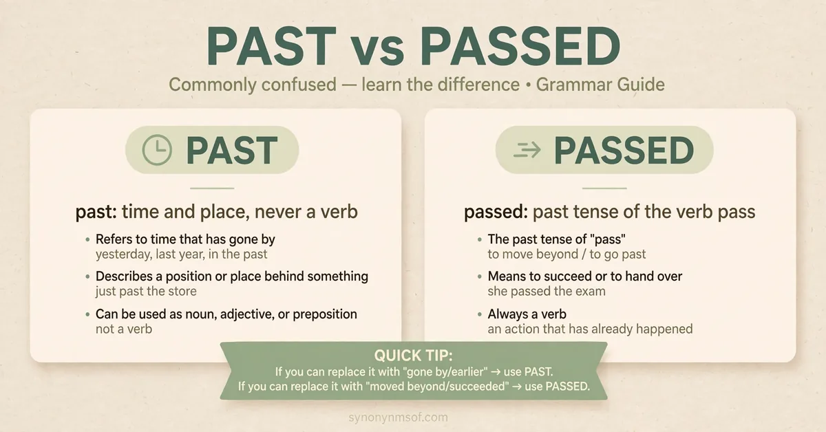 Past or passed: meaning and usage infographic card