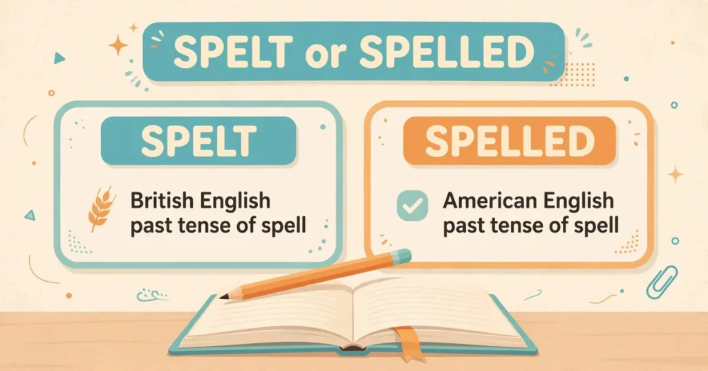 Spelt or spelled infographic card explaining the British and American past tense forms of the verb spell